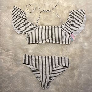 Navy Blue & White Striped Off the shoulder Bikini Bathing Suit Top Bottom Small